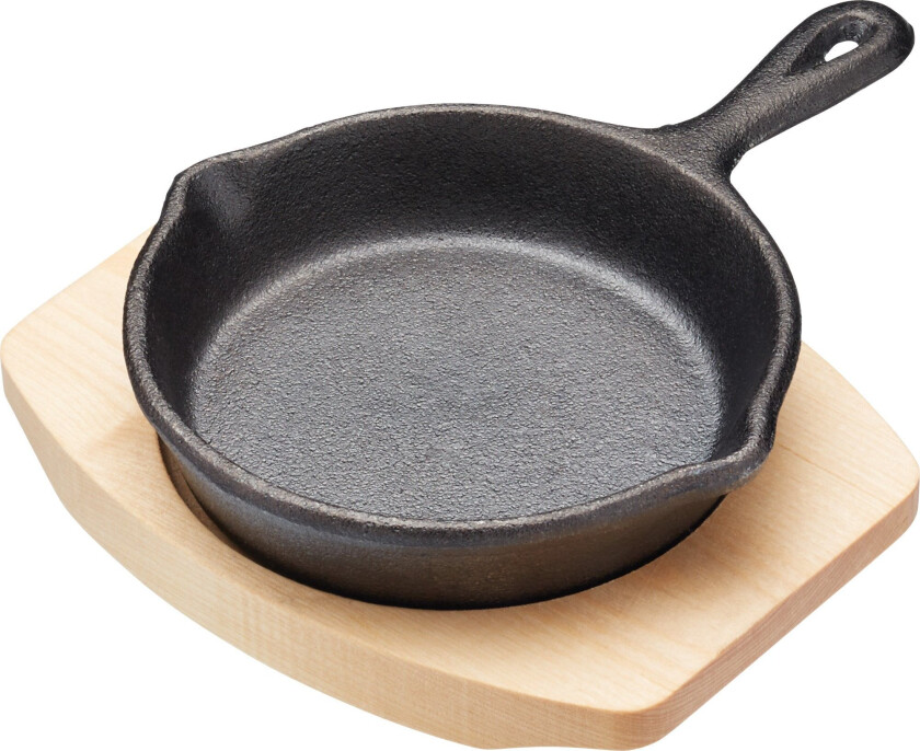 Mini Serverings Støpejernspanne med Treunderlag