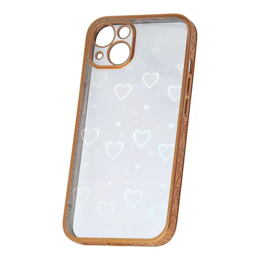 iPhone 13 Fleksibelt Plast Deksel m. Holografisk Folie - Hjerter Motiv - Gjennomsiktig / Rose Gold