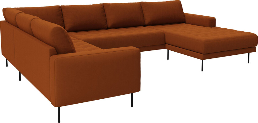 Rouge hjørnesofa med sjeselong og svarte ben. Kobberfarget Høyresving