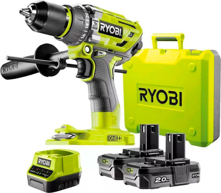 Ryobi One+ R18pd7-220b - Hammerbor/driver - Trådløs - 2 Hastigheter - Nøkkelfri Borhylse 13 Mm - 85 N·m - 2 Batterier - 18 V