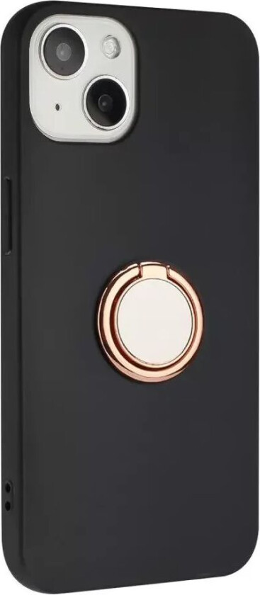 iPhone 15 Fleksibelt Plast Deksel med Magnetisk Ringstøtte – Svart med Rose Gull Ring