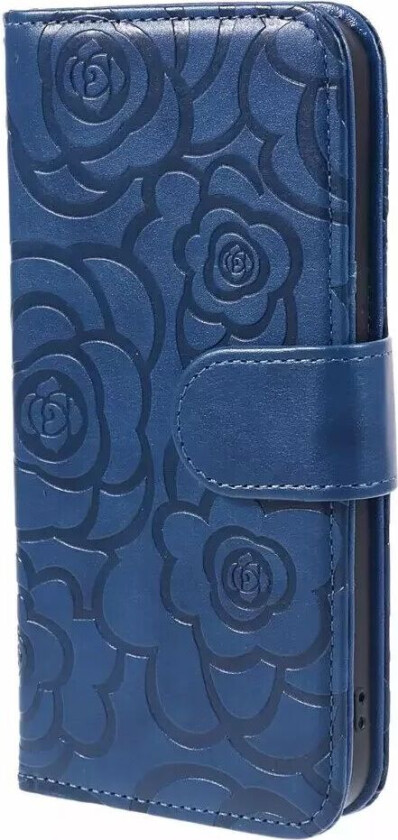 iPhone 15 Pro Max Kunstskinn Deksel m. Lommebok og Stropp - Kamelia Blomst - Blå