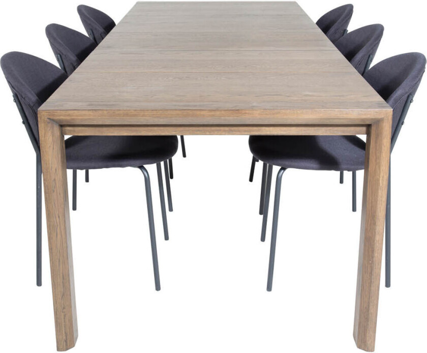 SliderOS spisegruppe spisebord uttrekksbord lengde cm 170 / 250 røykfarge eik og 6 Vault spisestuestoler svart.