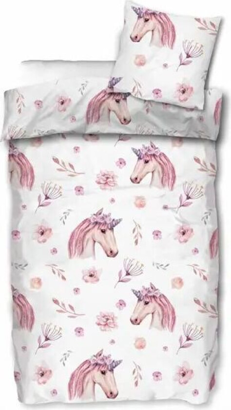 Sengetøy barn - 100x140 cm - Unicorn og blomster - 100% bomull