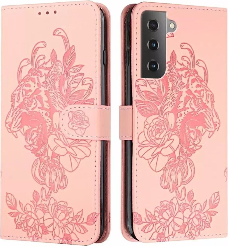 Samsung Galaxy S22 PU Skinn Flip Deksel Tiger Mønster med Stropp - Rosa