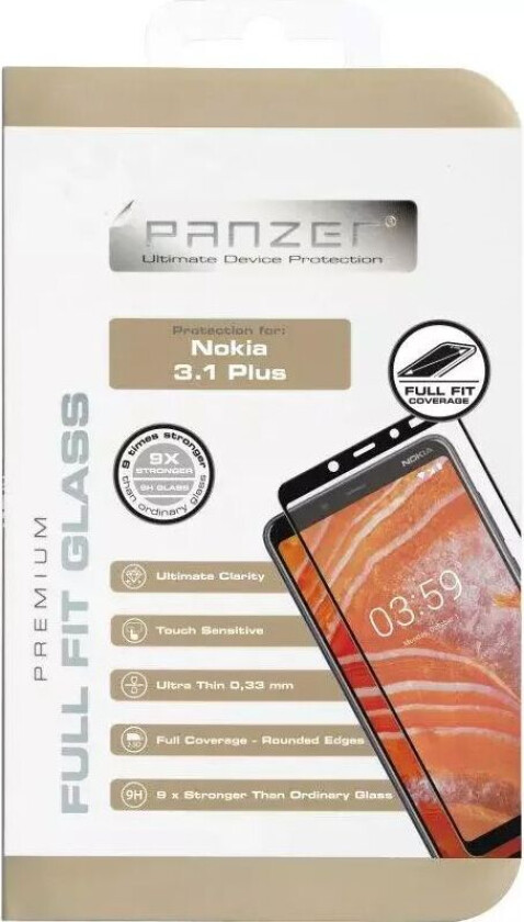 PANZER Nokia 3.1 Plus PANZER Premium Herdet Glass Skjermbeskytter med Svart Ramme - Full Fit