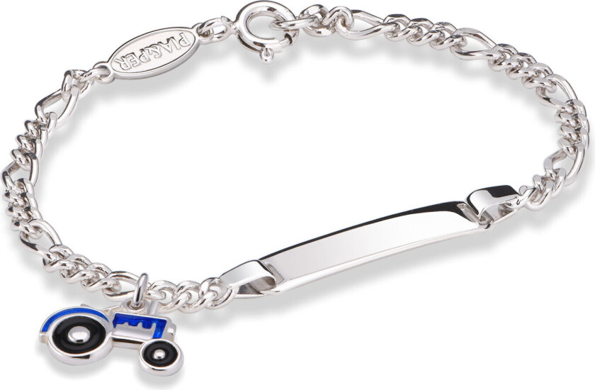 Pia&Per, Armbånd i 925 sølv med graveringsplate og traktor charms i blå emalje