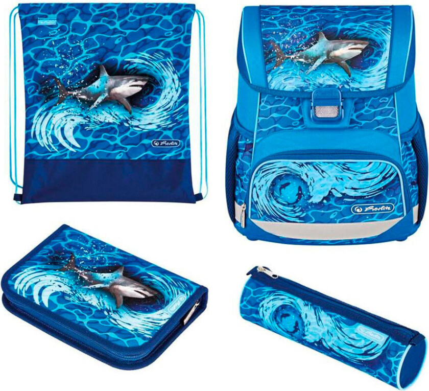 Herlitz Loop Plus Blue Shark, Pencil pouch, Sport bag, Pennal, Skolesekk, Gutt, Barneskole, Ryggsekk, 16 l, Forlomme, Sidelomme
