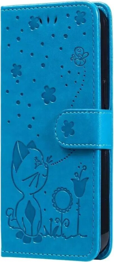 iPhone 15 Pro Flip Deksel i Skinn med Lommebok og Stropp - Kattegravering - Blå