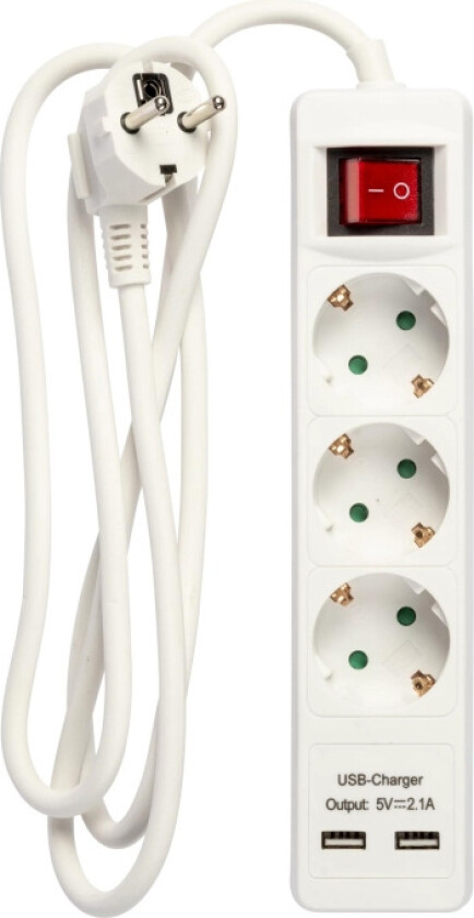 3-vägskontakt jordad, 2xUSB-A (3x1,5mm²), 1,5m
