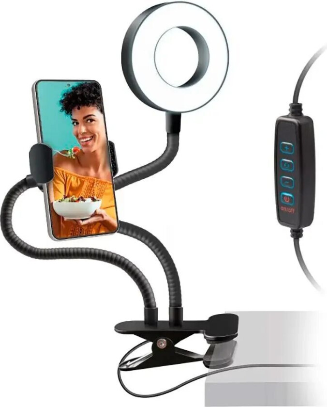 Bilde av LED Ring Light m. Bordklemme, Mobilholder & Justerbare Armer - Max Mobil: 85mm - Svart