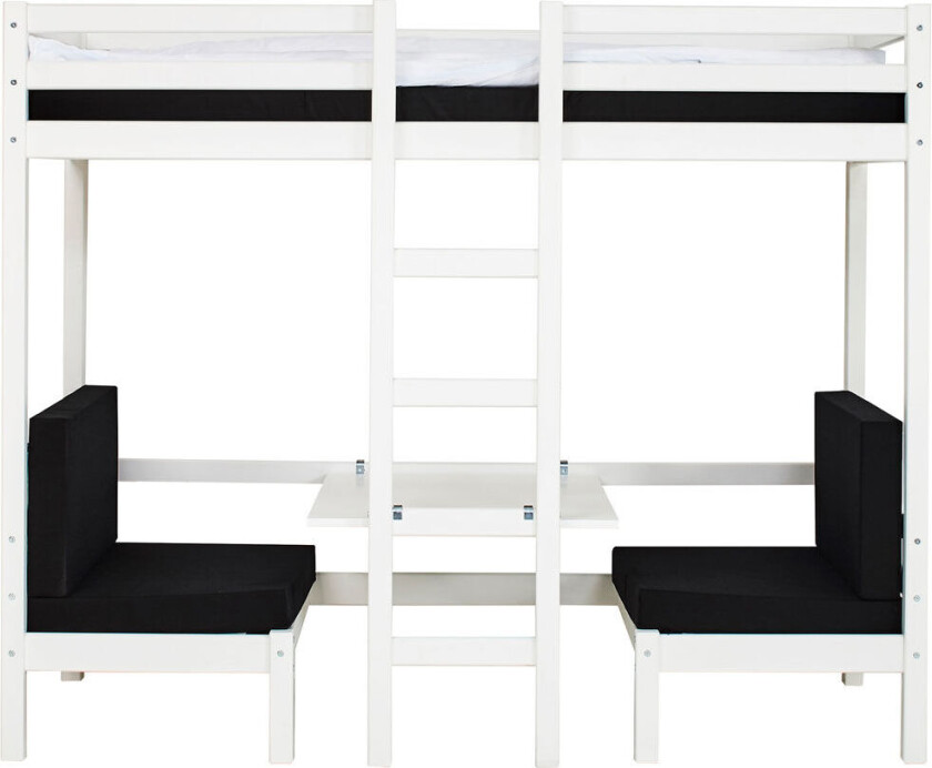 BasicJumbo høyseng med svart sofa, skrivebord og inkl. lamellbunner.