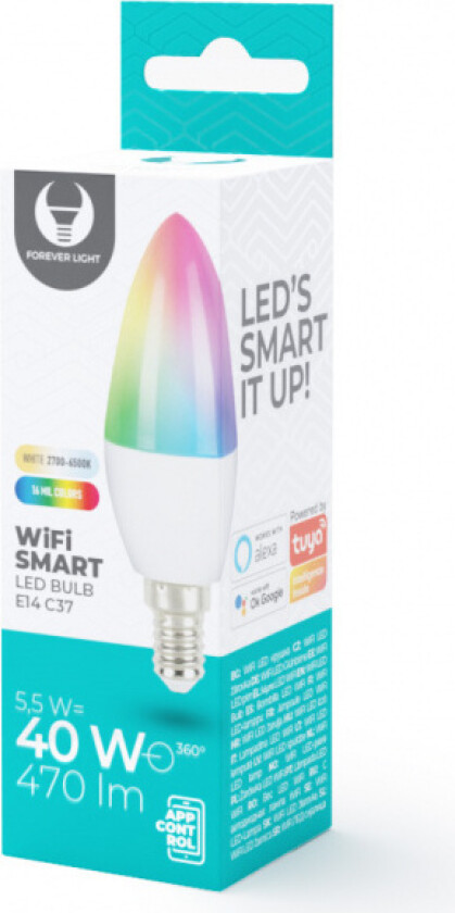 LED SMART E14 Light Bulb C37 / 5,5W / RGB+CCT+DIM / Tuya / 470lm / 230V