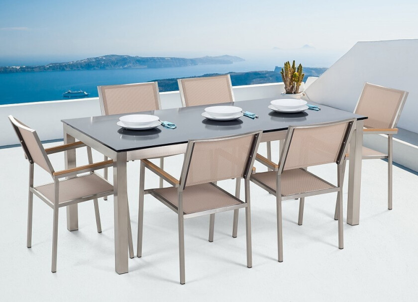 Hagemøbelsett Sort Beige Sikkerhetsglass rustfritt stål Bord 180 cm 6 Stoler Uteplass Utendørs Moderne