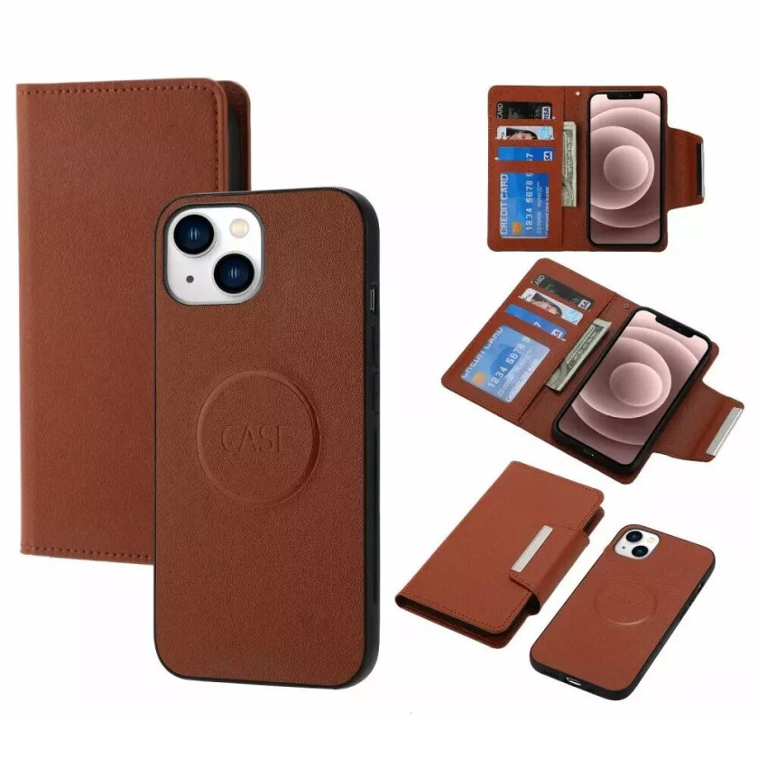 iPhone 15 2-i-1 Flip Deksel i Kunstskinn med Lommebok og Magnetlås - Brun