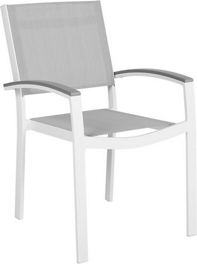 Sett med 4 hagestoler med grå og hvit aluminiumsramme som tåler vær og vind