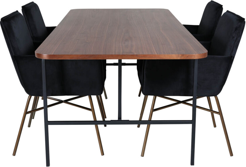 UnoWA spisegruppe spisebord valnøtt dekor og 4 Pippi spisestuestoler velour svart.
