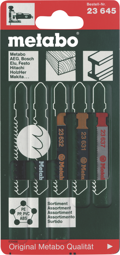 623645000, Stikksagblad, Metall, Polyvinylklorid (PVC), Tre, Høy-Hastighets Stål (HHS), 5 stykker, Blister