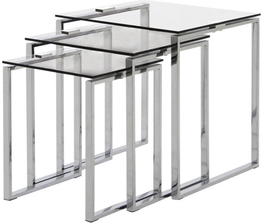 Sofabord Kamma som 3 innskudsbord i glass og krom.