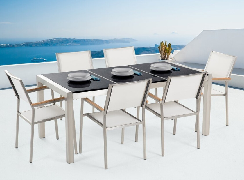 Hagemøbelsett Hvit Svart Granitt 180 x 90 cm 6-seter Hage Bordplate Moderne Terrasse