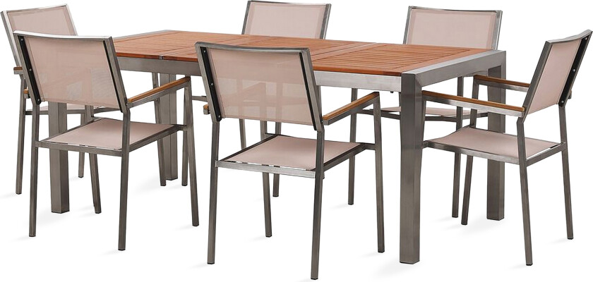 Hage Spisestuesett Lys Tretopp Stålramme 180 x 90 cm med 6 beige stoler