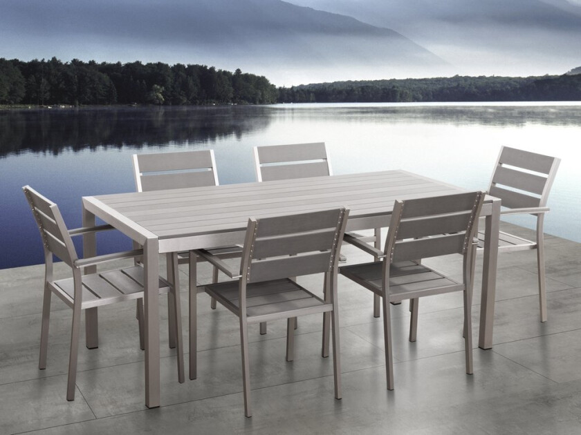 Hagespisesett Grått Rektangulært Bord Stoler Utendørs 6-seters Plast Treplate Aluminiumsramme