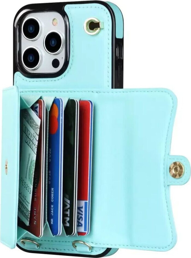 iPhone 14 Pro Skinndekket Plast Deksel med Lommebok og Stropp - Lyse Blå