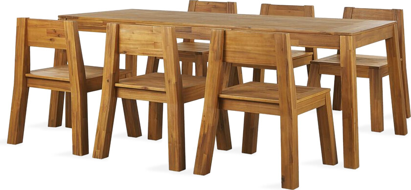 Hagespisesett 7-delers lyst rektangulært bord i massivt akasietre med 6 stoler Innendørs Utendørs Rustikk stil Moderne design