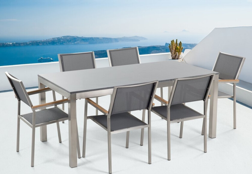 Utendørs spisegruppe Grå 6 stoler 180 x 90 cm Bordplate i grå granitt Hagemøbler Spisestoler Spisebord