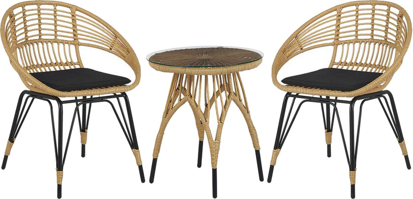 Bilde av 3-delt bistrosett Naturfarget imitert rotting Svart metallben Beige puter Sofabord Hærdet glassplate Moderne Boho Hage Balkong