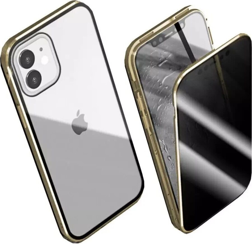 iPhone 12 / 12 Pro Magnetisk Deksel med Privacy, Glass Bak og Forside - Gull