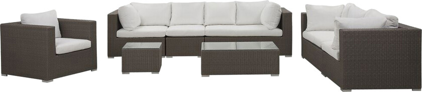 Hagesett Taupe PE-rotting med kremfargede puter for 8 personer 5-delers utesett