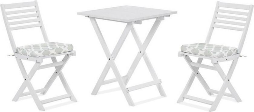 Bistrosett Hvit Akasietre 3 deler Mintgrønne sitteputer Sammenleggbart Skandinavisk Moderne Utemøbler Hage Balkong