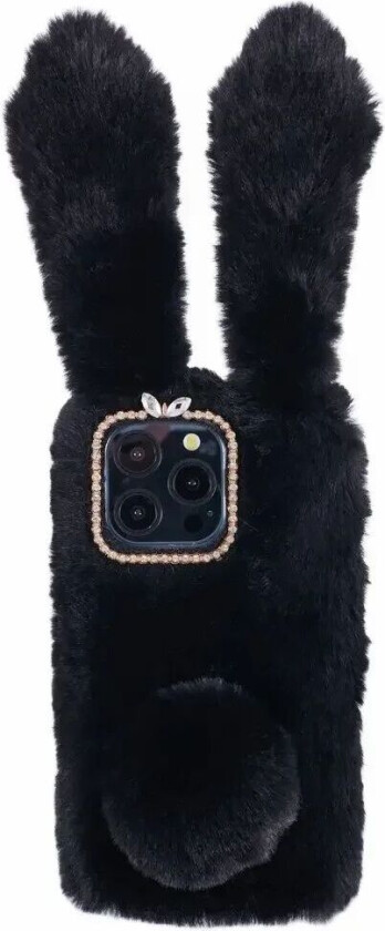 iPhone 15 Pro Fleksibelt Plastbakdeksel m. Pels - Kaninører - Svart