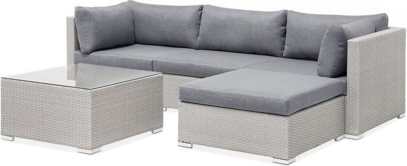 Hagesofasett i 2 deler beige med grå puter 5-seters hjørnesofabord