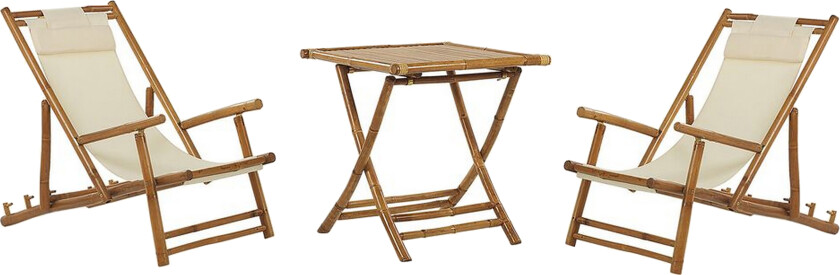 Sett med 2 solstoler og 1 bord Beige Bambustre Sammenleggbare stoler Sidebord Utendørs Hage Balkong Moderne Boho