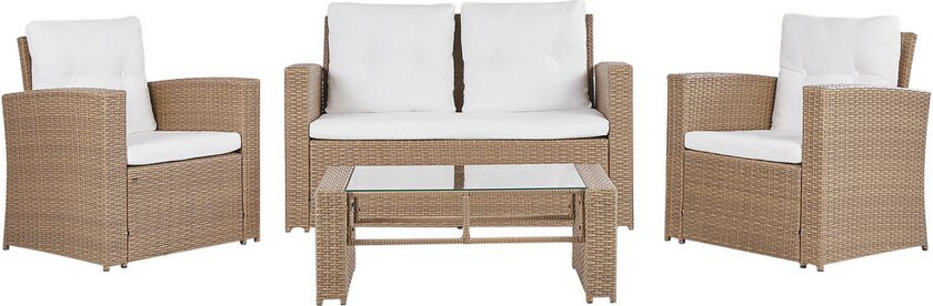 Sittegruppe Lysebrun Kunstrotting 2-seters sofa 2 lenestoler 1 sofabord Beige sitteputer Loungesett Hagemøbler Utendørs