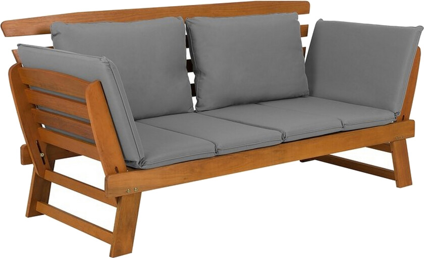 Hagebenk lys eukalyptustre grå puter utendørs 2-seter med armlener som kan legges tilbake