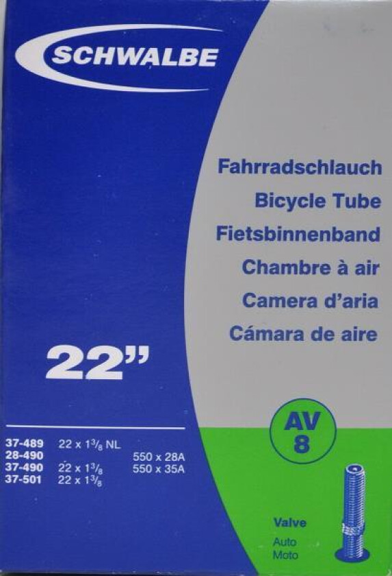 Bilde av SCHWALBE AV8 (28-44x484-501) Schrader 40 mm Made of 20% recycled old tubes. Auto valve with complete screwed thread.,