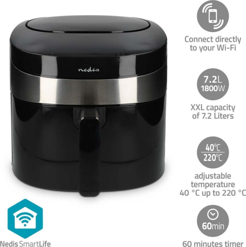 SmartLife Hot Air Fryer Wi-Fi 7,2 l Timer: 240 min Antall forhåndinnstilte programmer: 8 Digitalt Android™ / IOS Sort