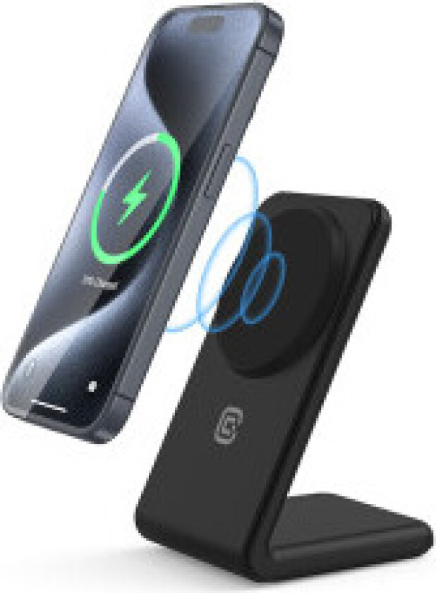 Crong MagSpot Stand - 2-i-1 trådløs lader med MagSafe for iPhone og AirPods (Shadow Black)