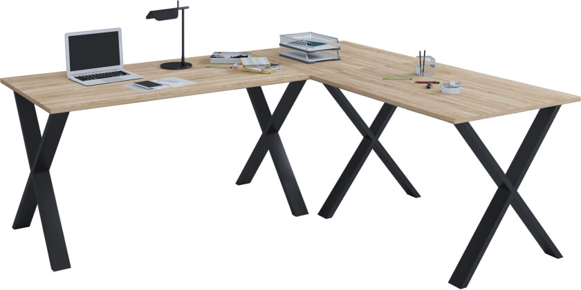 Bilde av Lona hjørneskrivebord 220x220x80 cm X-ramme Sonoma eik dekor, svart.