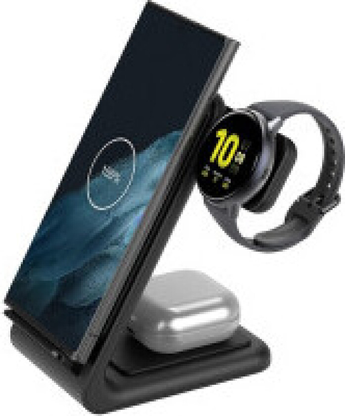 Crong PowerSpot Pivot Stand - 3-i-1 trådløs lader for Samsung & Android, Galaxy Watch og TWS-hodetelefoner (svarte)