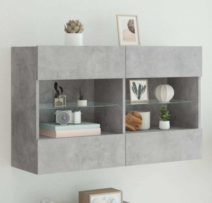 Vegghengt TV-benk med LED-lys betonggrå 98,5x30x60,5 cm