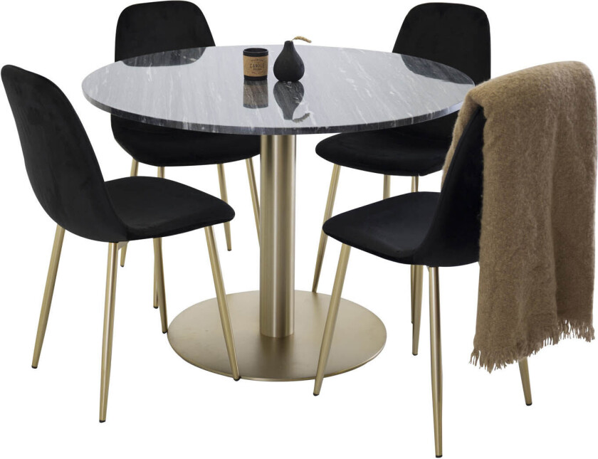 EstelleØ106BLBR spisegruppe spisebord svart, marmor og 4 Polar spisestuestoler velour svart, messing dekor.