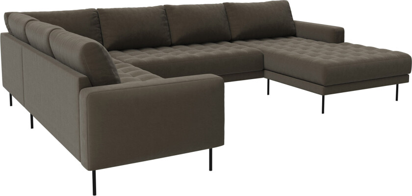 Rouge hjørnesofa med sjeselong og svarte ben. Gråbrun Høyresving