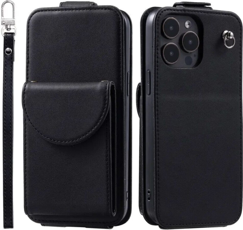 iPhone 15 Pro Max Vertikalt Kunst Skinn Flip Deksel med Lommebok / Ståfunksjon / Stropp - Svart