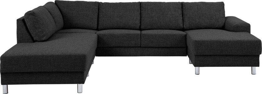 Calverton hjørnesofa med sjeselong høyrevent i antrasitt grå stoff, med krom ben.