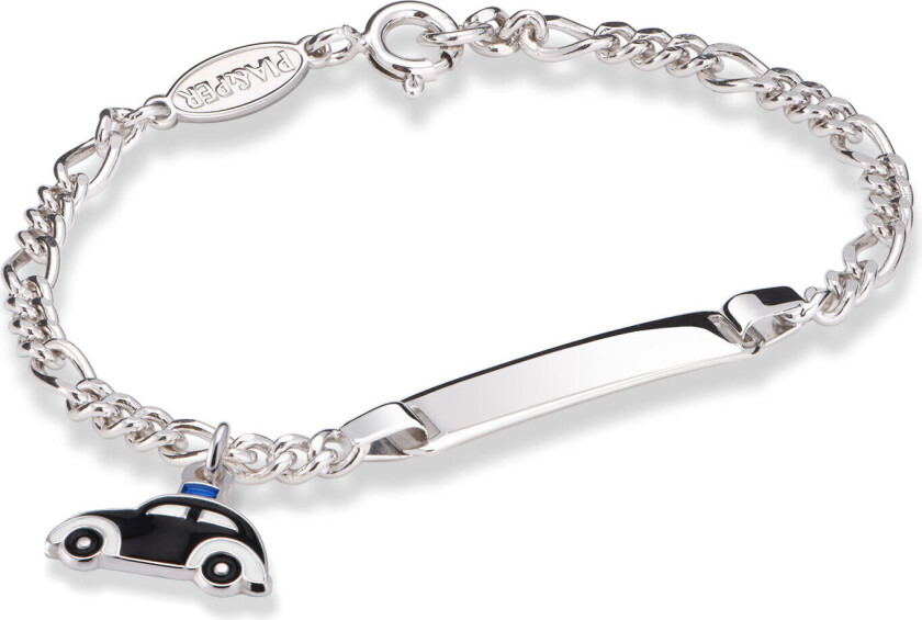 Pia&Per, Armbånd i 925 sølv med graveringsplate og politibil charms i sort emalje