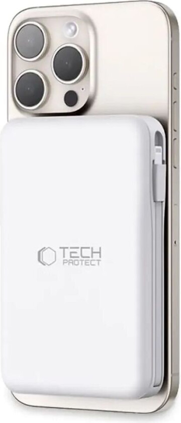 Tech-Protect LifeMag 10 000 mAh PowerBank med Integrert USB-C og Lightning Kabel og USB-A og USB-C Plugg - MagSafe Kompatibel - Hvit